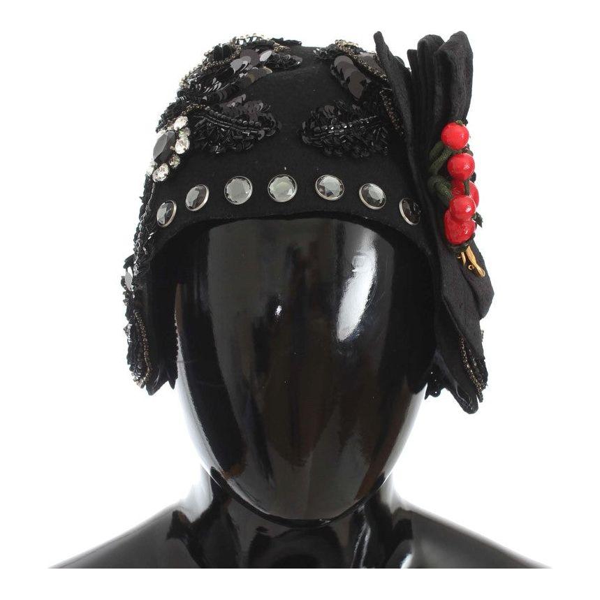 Dolce & Gabbana Black Crystal Gold Cherries Brooch Hat