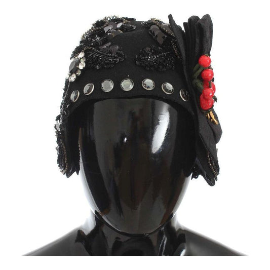 Dolce & Gabbana Elegant Black Crystal-Adorned Cloche Hat Cap Dolce & Gabbana Dark Slate Gray