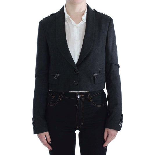 Exte Elegant Gray Gold-Buttoned Blazer Jacket Coats & Jackets Exte Black