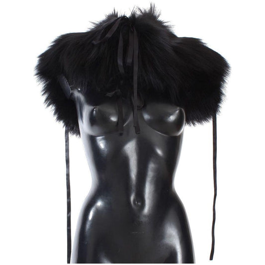 Dolce & Gabbana Elegant Black Fox Fur Silk Shoulder Wrap Fur Wrap Scarves Dolce & Gabbana Dark Slate Gray
