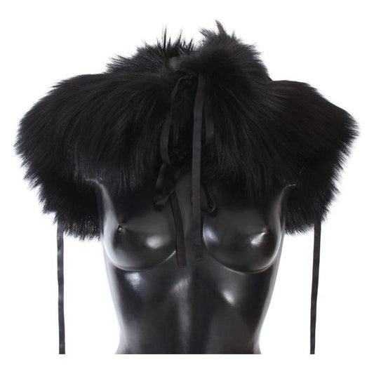 Dolce & Gabbana Elegant Black Fox Fur Silk Shoulder Wrap Fur Wrap Scarves Dolce & Gabbana Dark Slate Gray