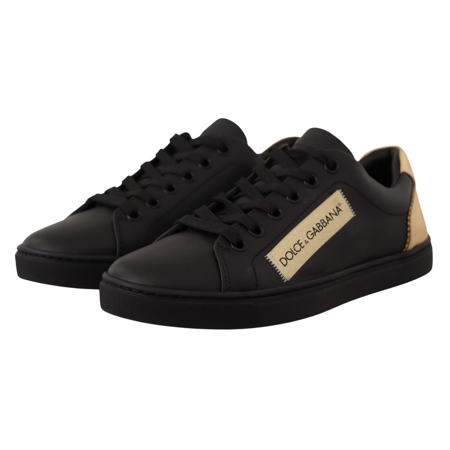 Dolce & Gabbana Black Gold Leather Low Top Sneakers Womens Shoes