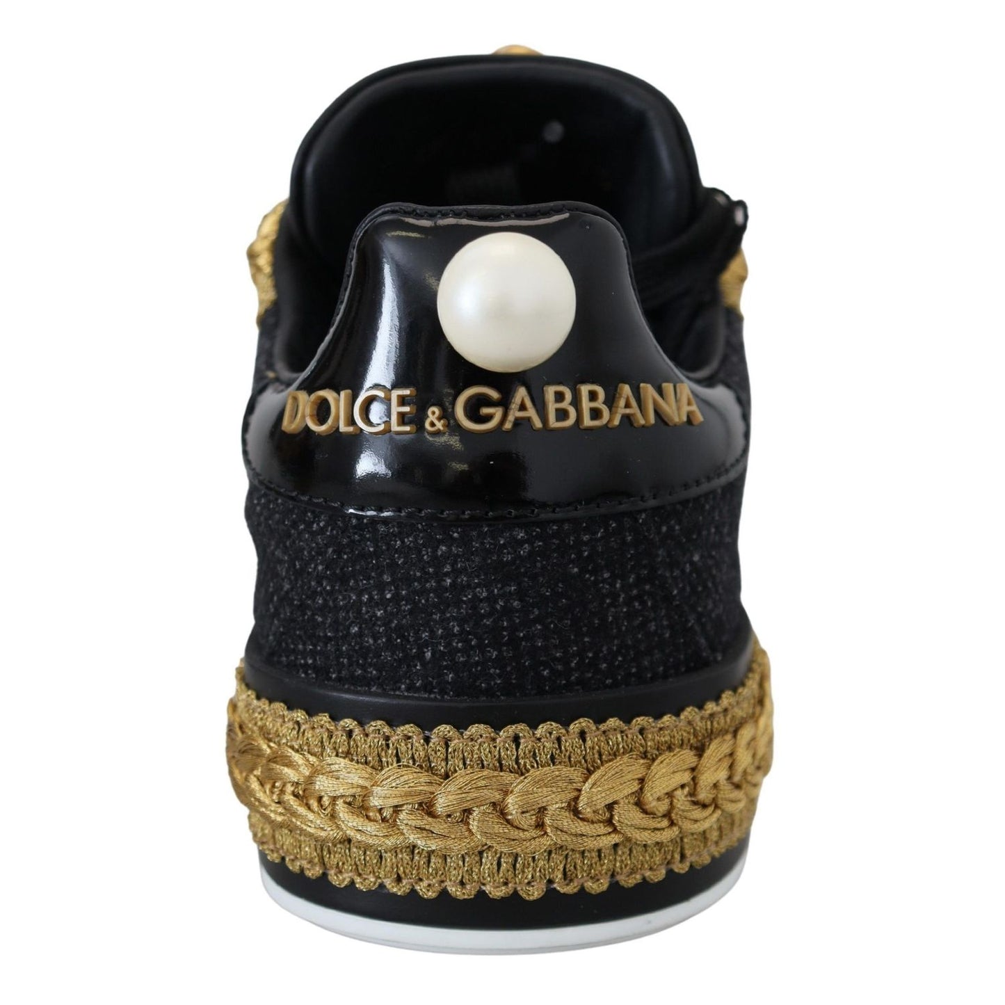 Dolce & Gabbana Black Gold Baroque Portofino Leather Sneakers Shoes