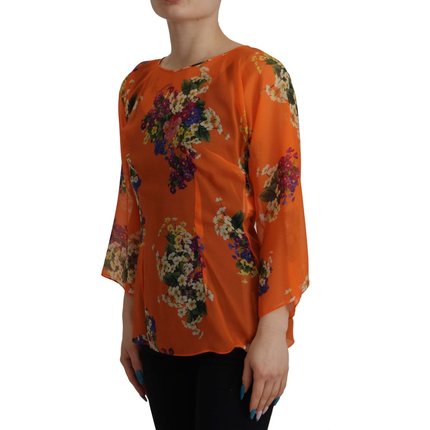 Dolce & Gabbana Orange Floral Print Long Sleeve Blouse TSH7838- 40