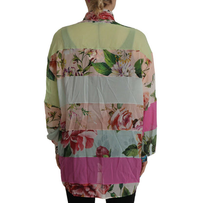 Dolce & Gabbana Multicolor Floral Patchwork Design Ascot Collar Top Blouse