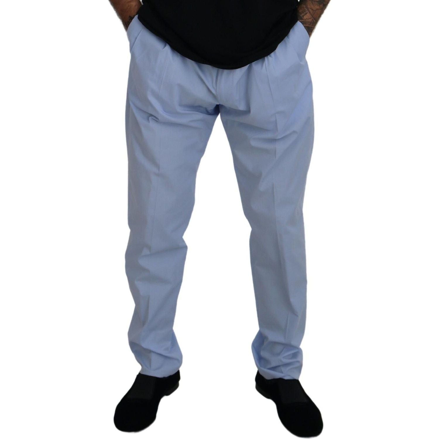 优雅修身浅蓝色斜纹棉布裤