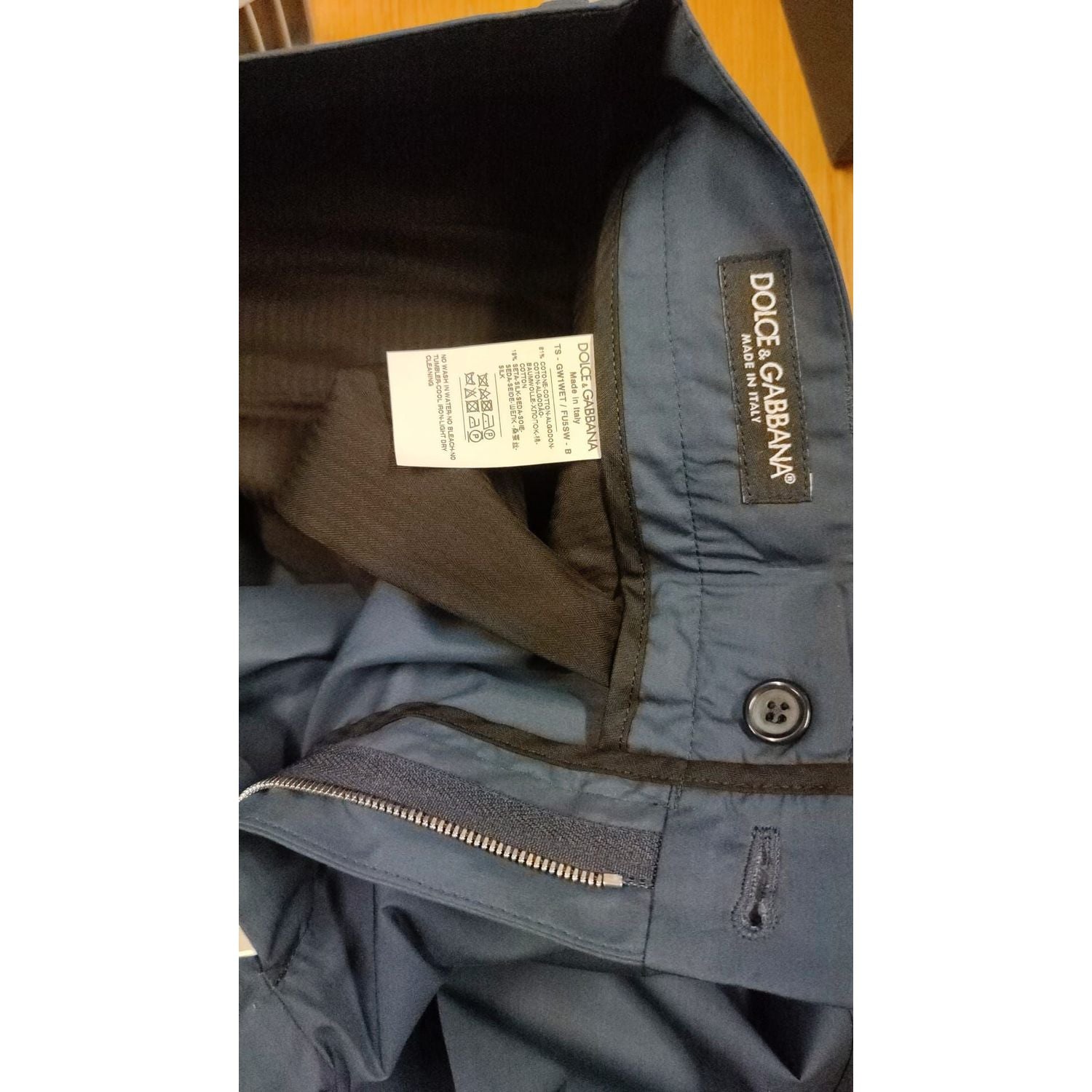 蓝色丝绸混纺优雅修身斜纹棉布裤