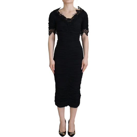 Dolce & Gabbana Black Sheath Midi Bodycon Lace Silk Dress