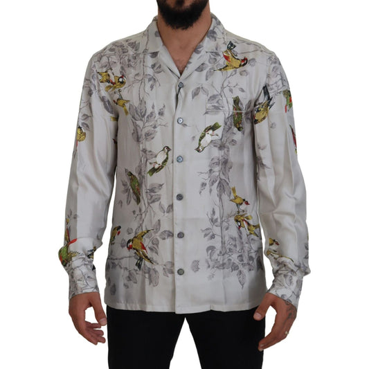 Dolce & Gabbana White Bird Print Silk Satin Casual Shirt TSH83568- IT4