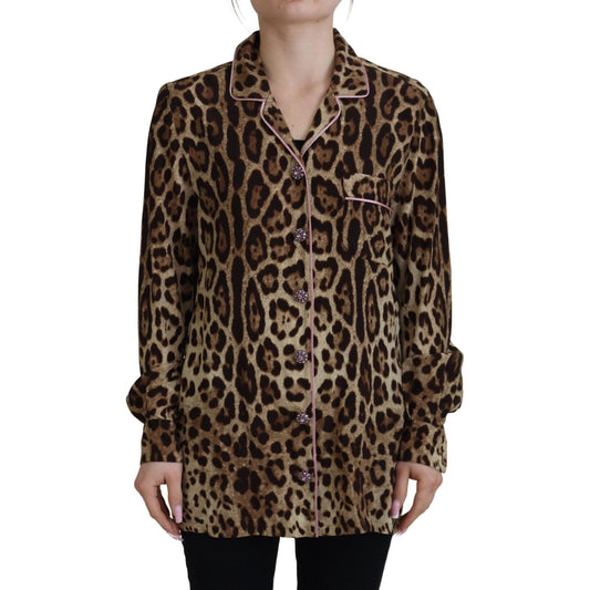 Dolce & Gabbana Elegant Silk Leopard Print Collared Top Dolce & Gabbana Dark Slate Gray