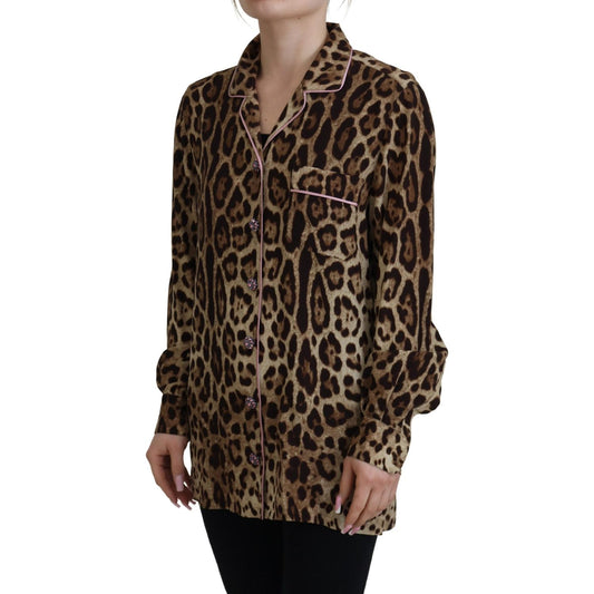 Dolce & Gabbana Elegant Silk Leopard Print Collared Top Dolce & Gabbana Black