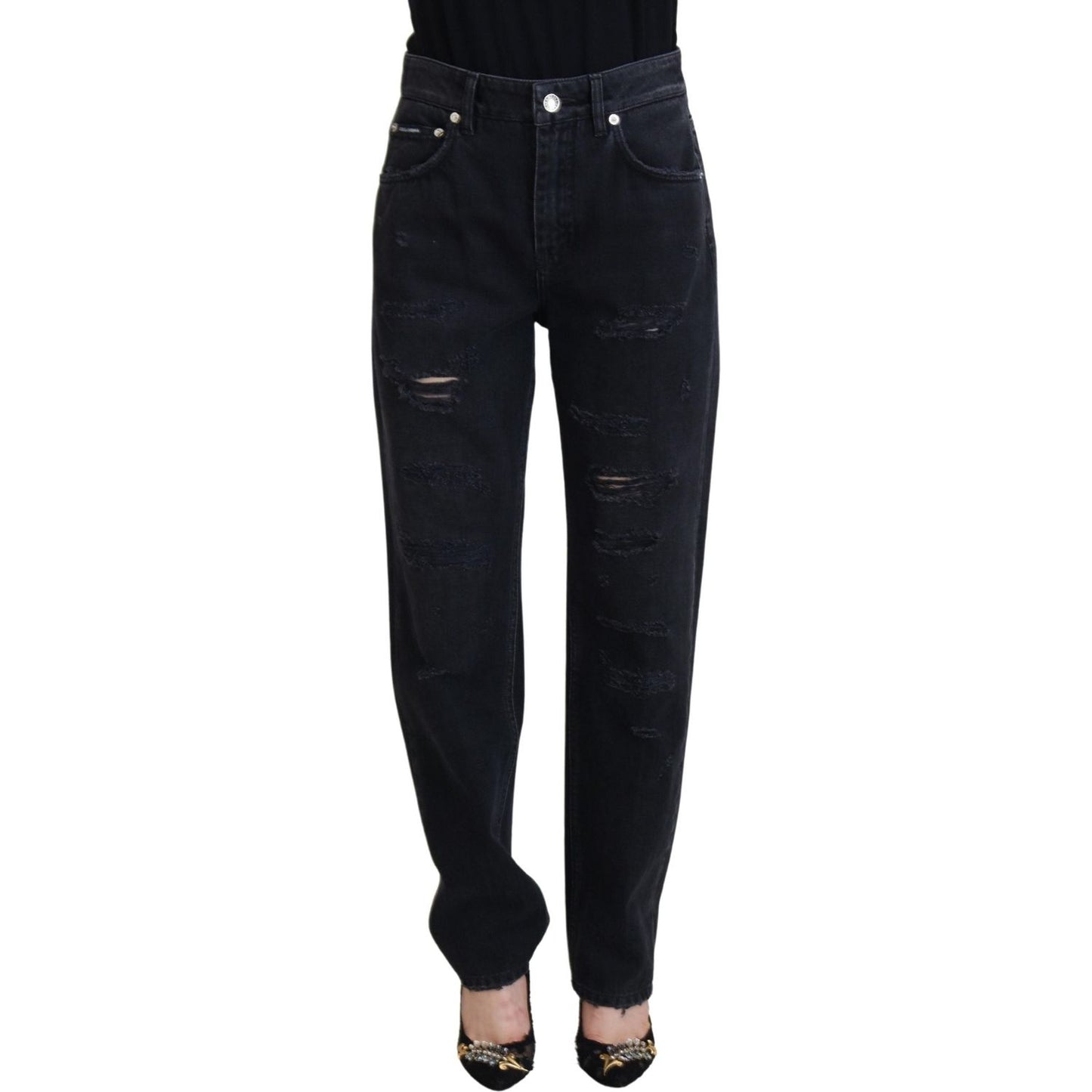 Dolce & Gabbana Black Cotton Tattered High Waist Denim Jeans