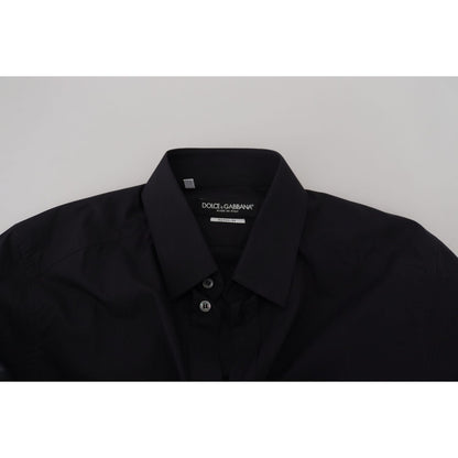 Dolce & Gabbana Black Cotton Slim Fit Formal Dress GOLD Shirt