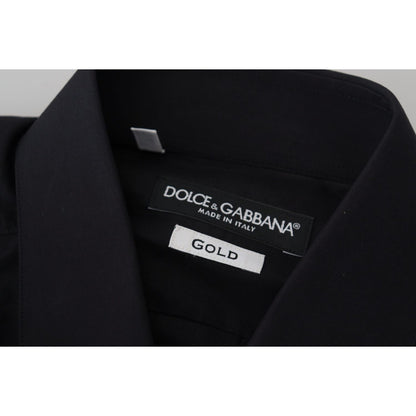 Dolce & Gabbana Black Cotton Slim Fit Formal Dress GOLD Shirt