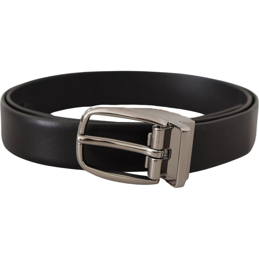 Dolce & Gabbana Black Leather Silver Metal Chrome Logo Buckle Belt