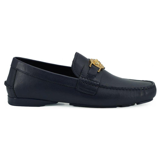 Versace Elegant Navy Blue Calf Leather Loafers Versace Dark Slate Gray