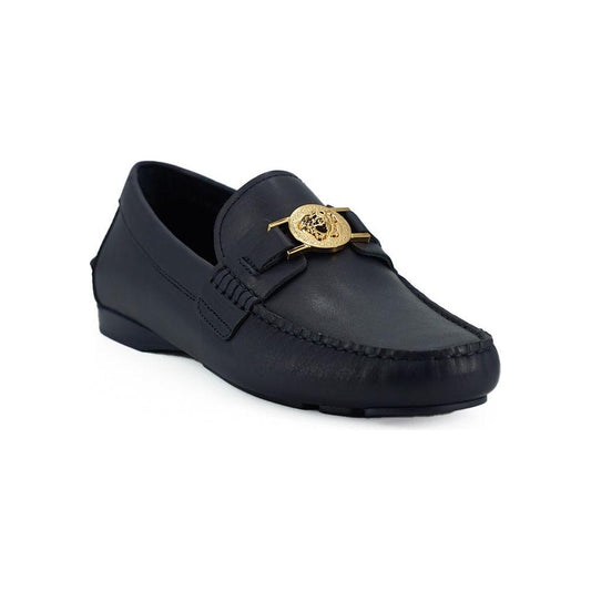 Versace Elegant Navy Blue Calf Leather Loafers Versace Dark Slate Gray