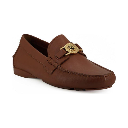 Versace Elegant Medusa-Embossed Leather Loafers Versace Saddle Brown
