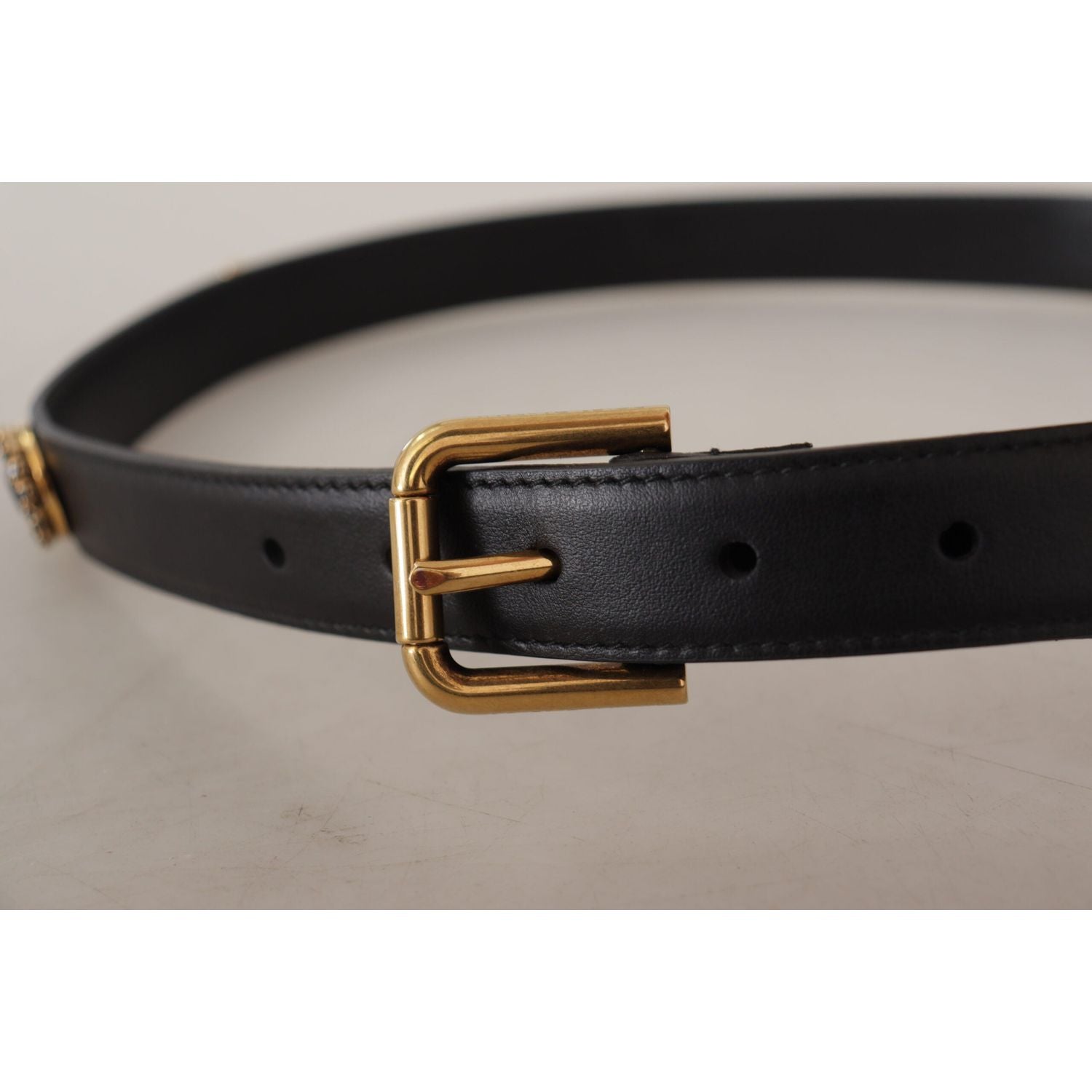 Dolce & Gabbana Black Leather Embellished Crystal Logo Belt