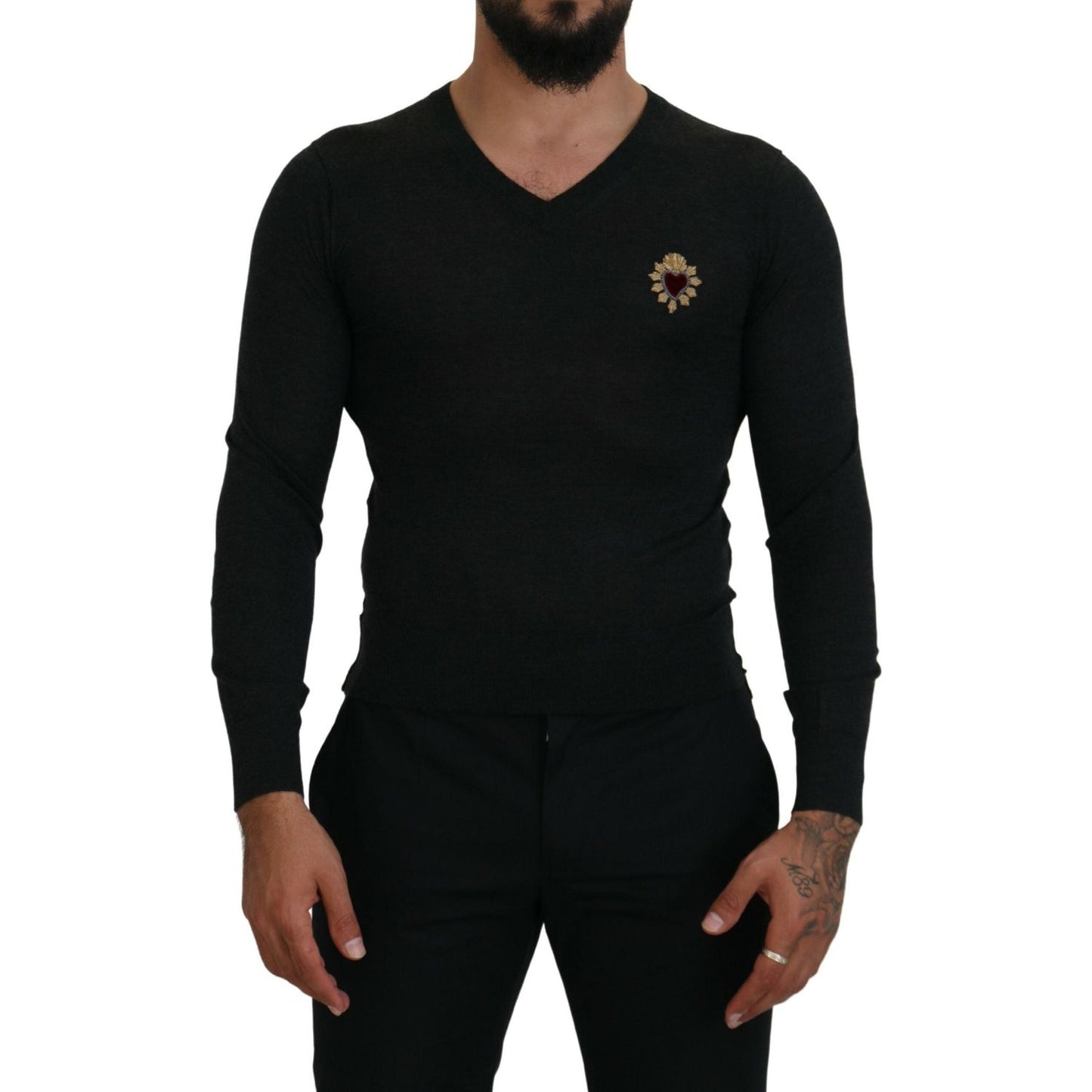 Dolce & Gabbana Gray Cashmere V-neck Gold Heart Sweater