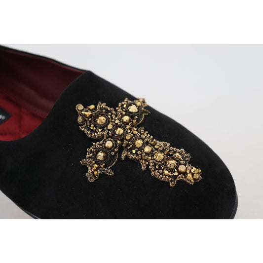 Dolce & Gabbana Black Gold Crystal Sequined Loafers Dolce & Gabbana Black