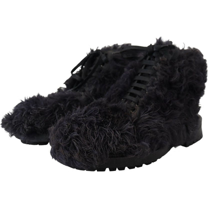 Dolce & Gabbana Black Leather Combat Shearling Boots Shoes