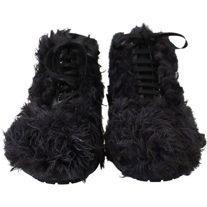 Dolce & Gabbana Black Leather Combat Shearling Boots Shoes