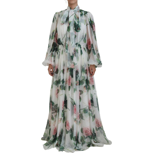 Dolce & Gabbana Elegant White Silk Maxi Dress with Rose Print Dolce & Gabbana Dark Gray