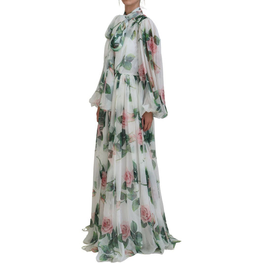 Dolce & Gabbana Elegant White Silk Maxi Dress with Rose Print Dolce & Gabbana Dark Gray