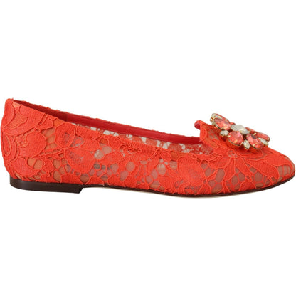 Dolce & Gabbana Red Taormina Lace Crystals Ballet Flats Shoes
