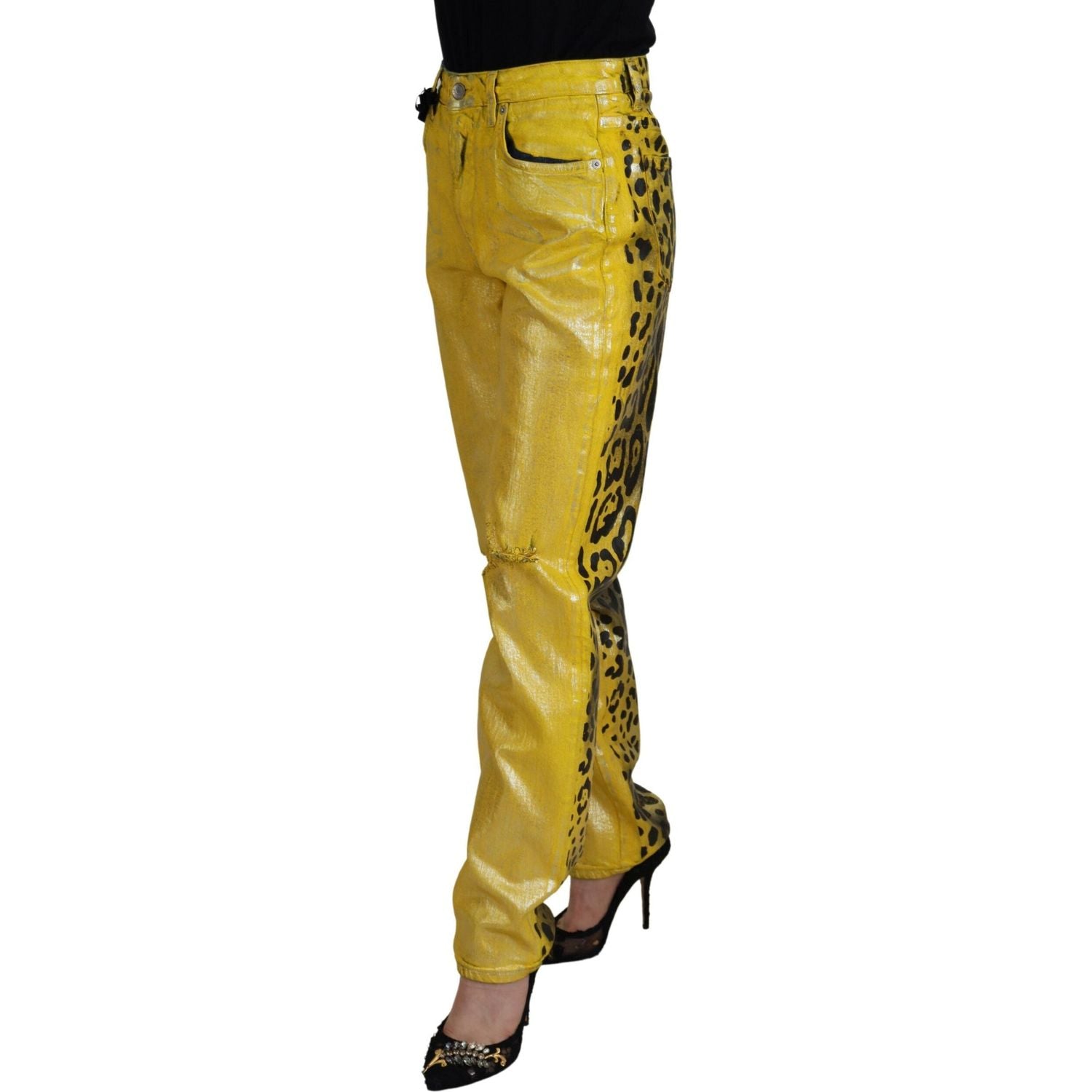 Dolce & Gabbana Yellow Leopard Cotton Straight Denim Jeans