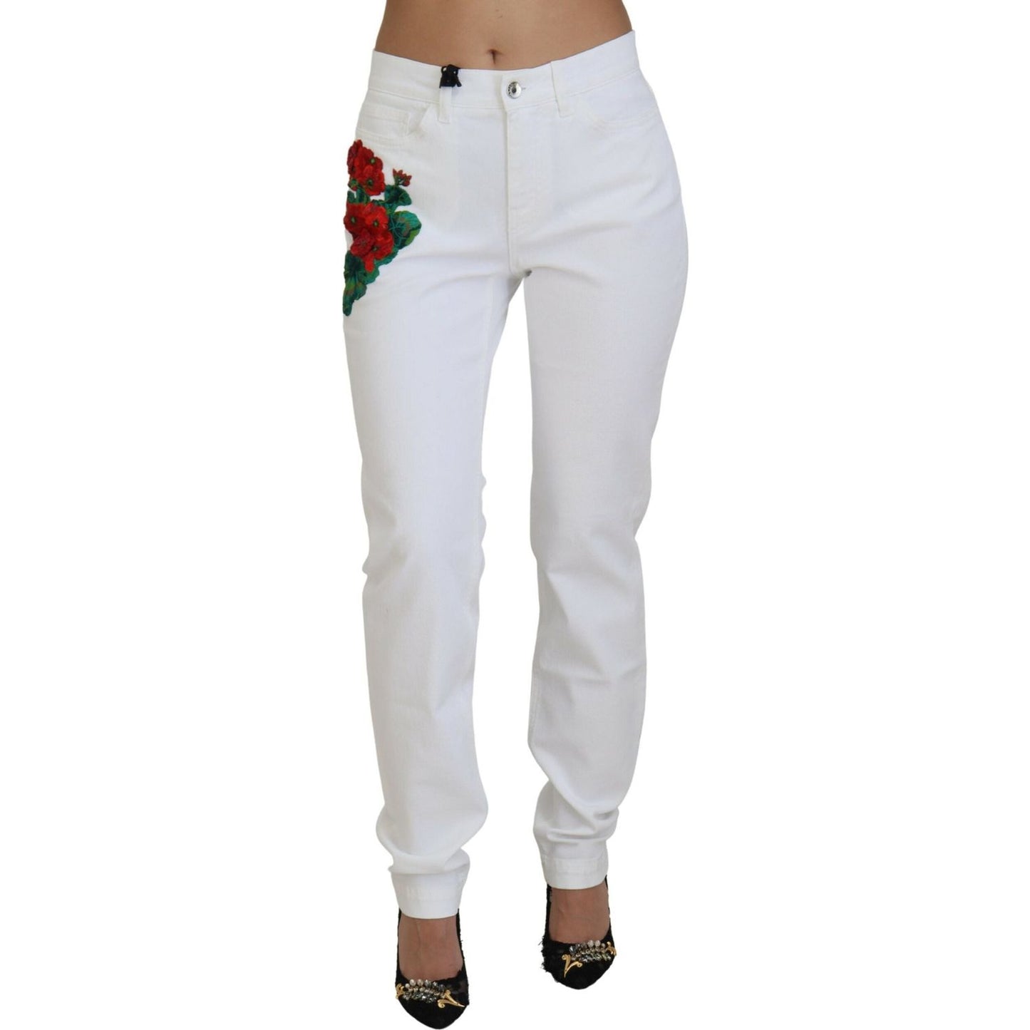 Dolce & Gabbana White Floral Embroidery Skinny Denim Jeans PAN74207- 42