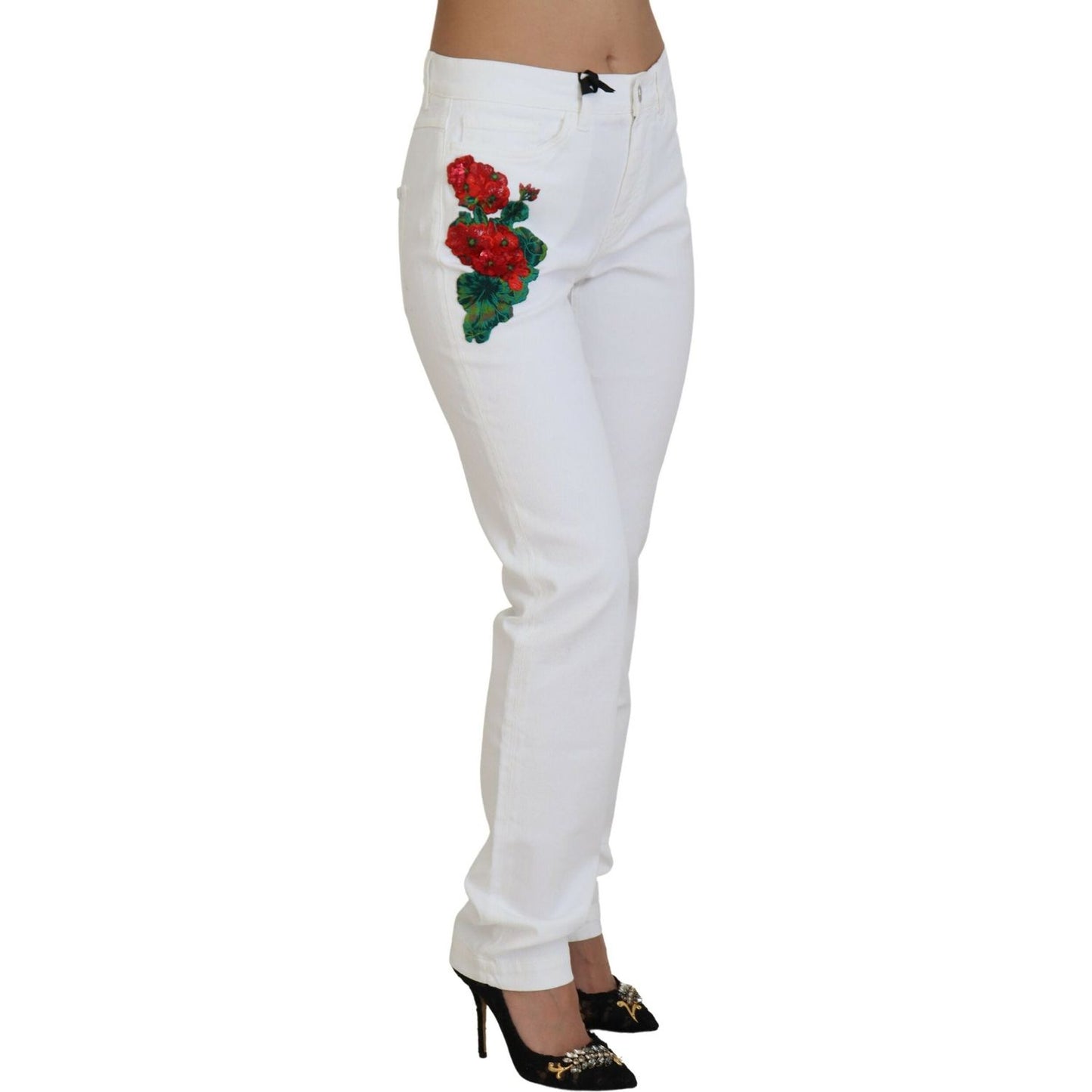 Dolce & Gabbana White Floral Embroidery Skinny Denim Jeans PAN74207- 42