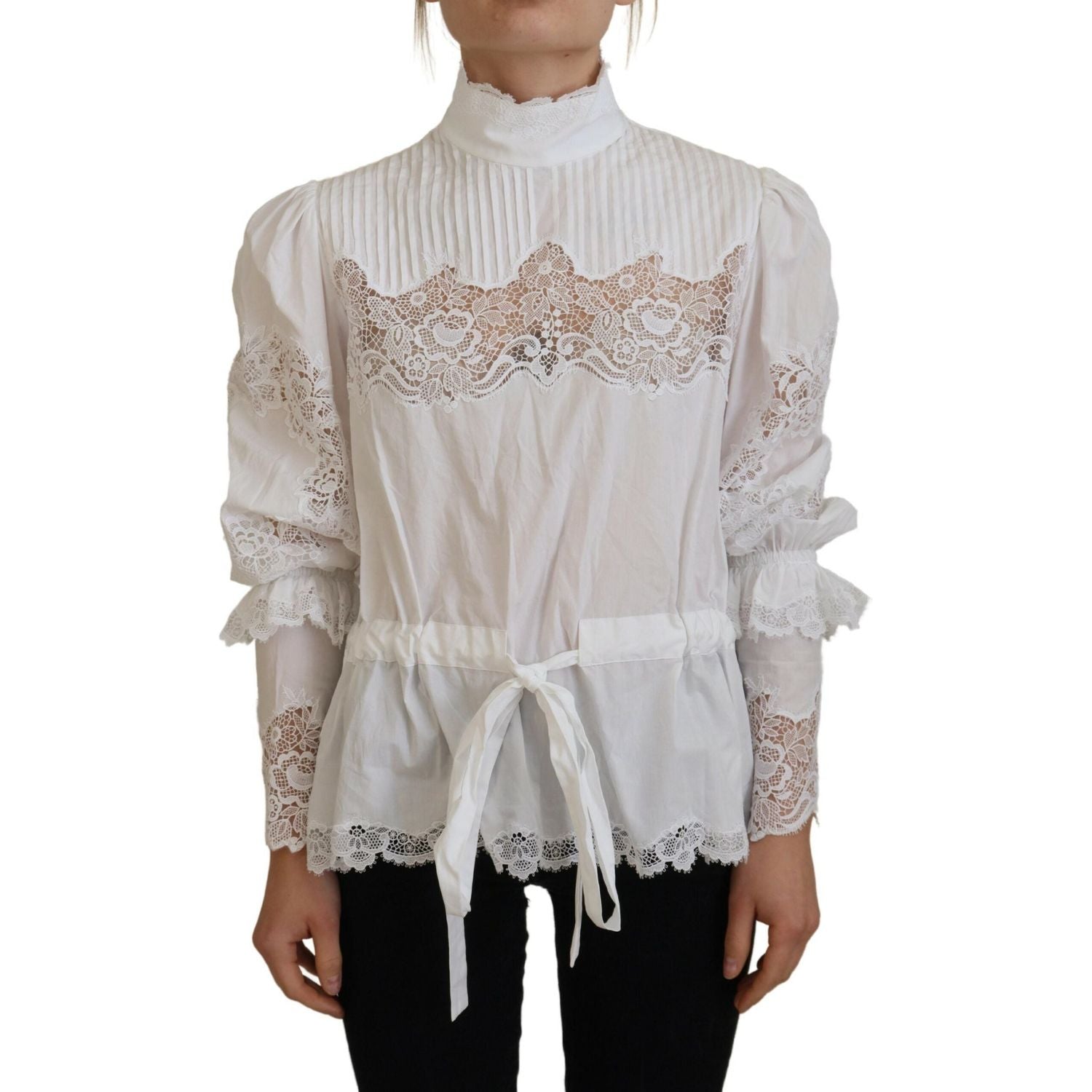 Dolce & Gabbana White Cotton Lace Trim Turtle Neck Blouse Top