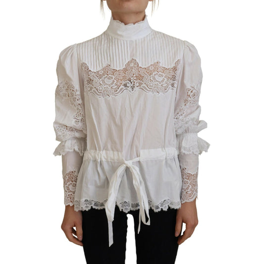 Dolce & Gabbana Elegant White Lace Trim Cotton Blouse Dolce & Gabbana Gray