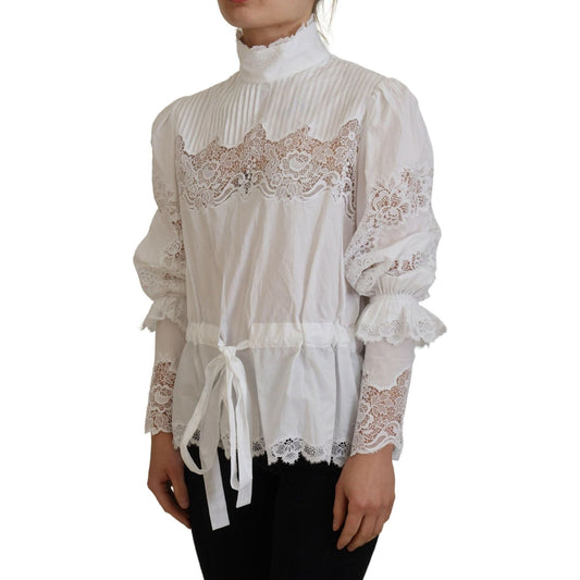 Dolce & Gabbana Elegant White Lace Trim Cotton Blouse Dolce & Gabbana Dark Gray