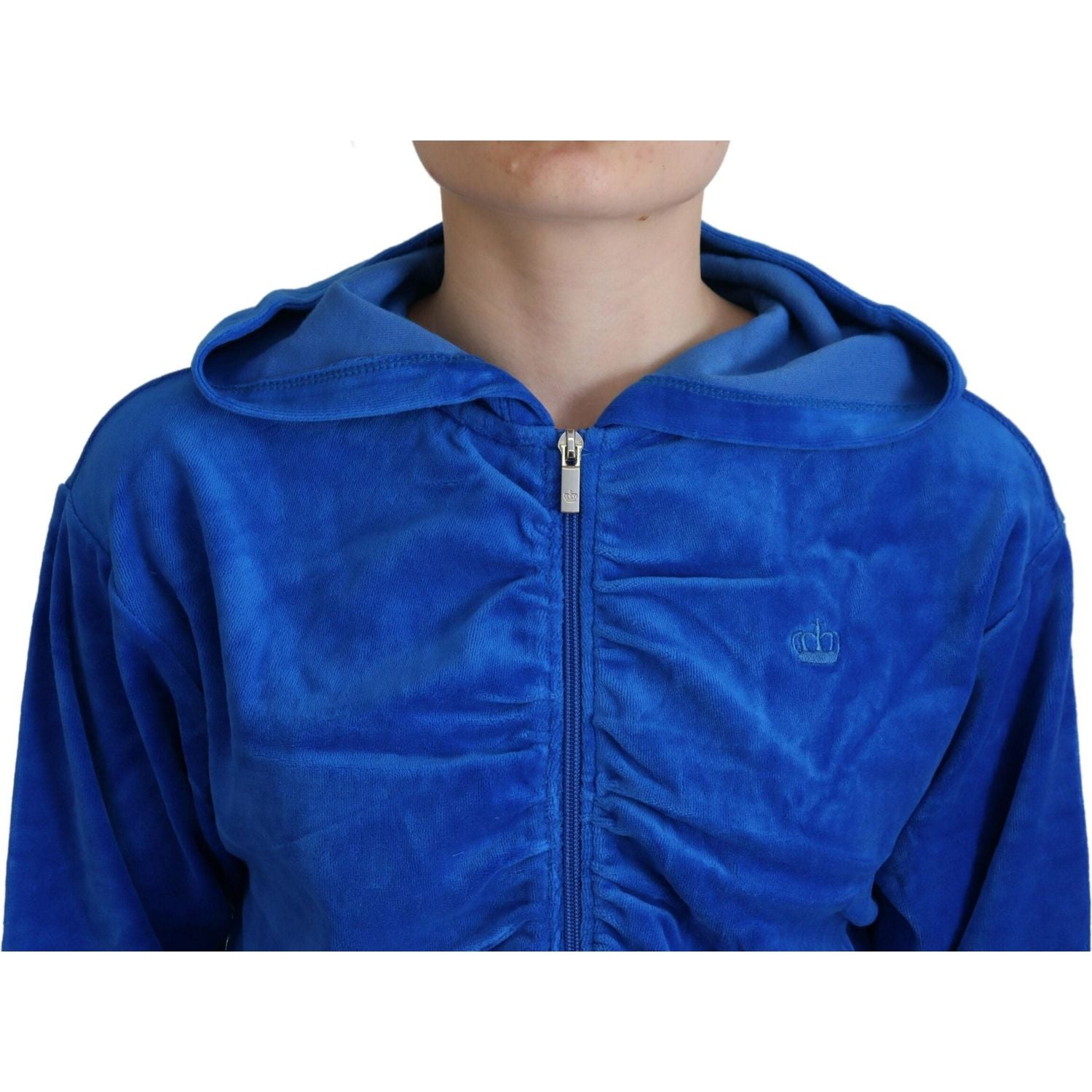 蓝色华丽连帽拉链短款毛衣