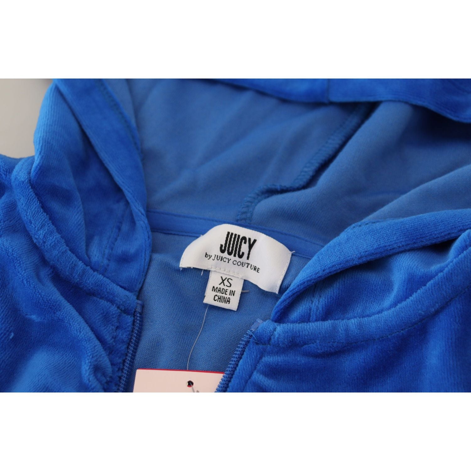 蓝色华丽连帽拉链短款毛衣