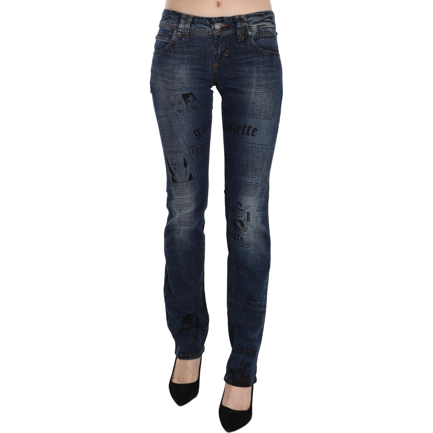 John Galliano Blue Newspaper Print Low Waist Skinny Denim Pants