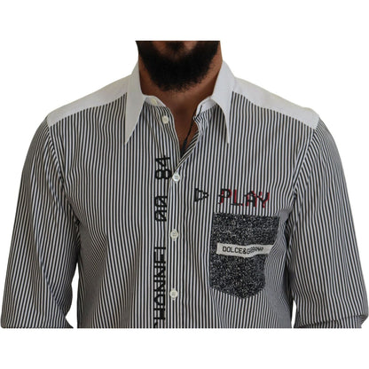 Dolce & Gabbana Black White Striped Printed Casual Cotton Shirt