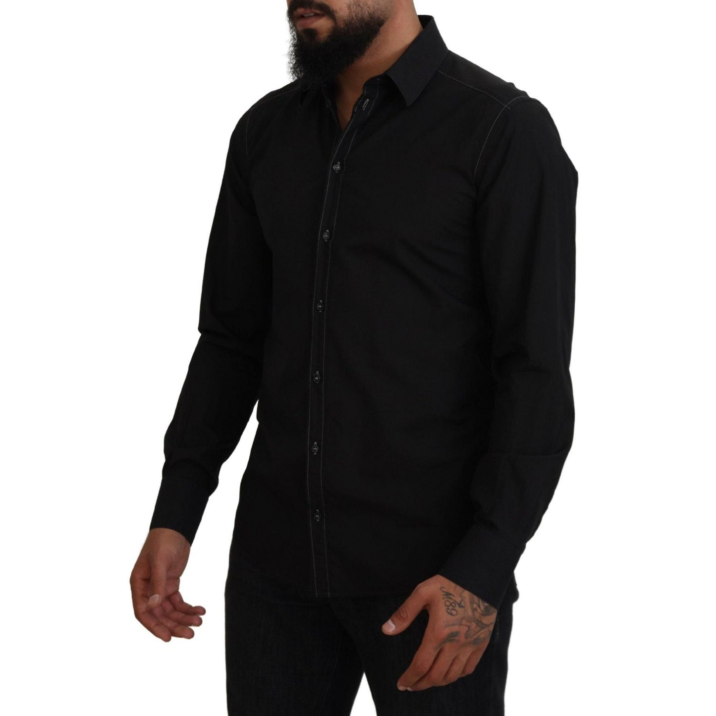Dolce & Gabbana Black Cotton Collared Long Sleeve GOLD Shirt