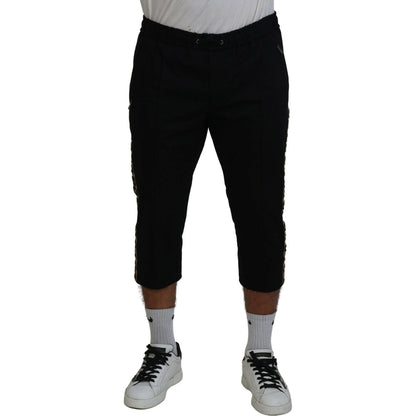 Dolce & Gabbana Black Cotton Elastic Waist DG Logo Cropped Pants