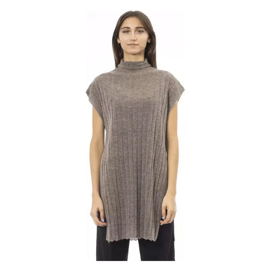 Alpha Studio Brown Wool Women Sweater with Side Slits Alpha Studio Dim Gray