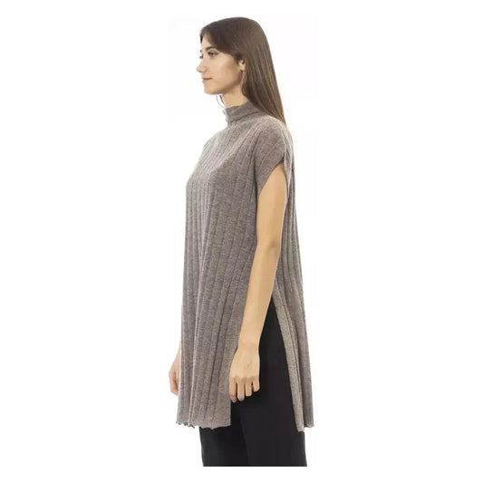 Alpha Studio Brown Wool Women Sweater with Side Slits Alpha Studio Dim Gray