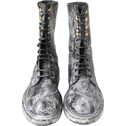 Dolce & Gabbana Black Gray Leather Mid Calf Boots Shoes