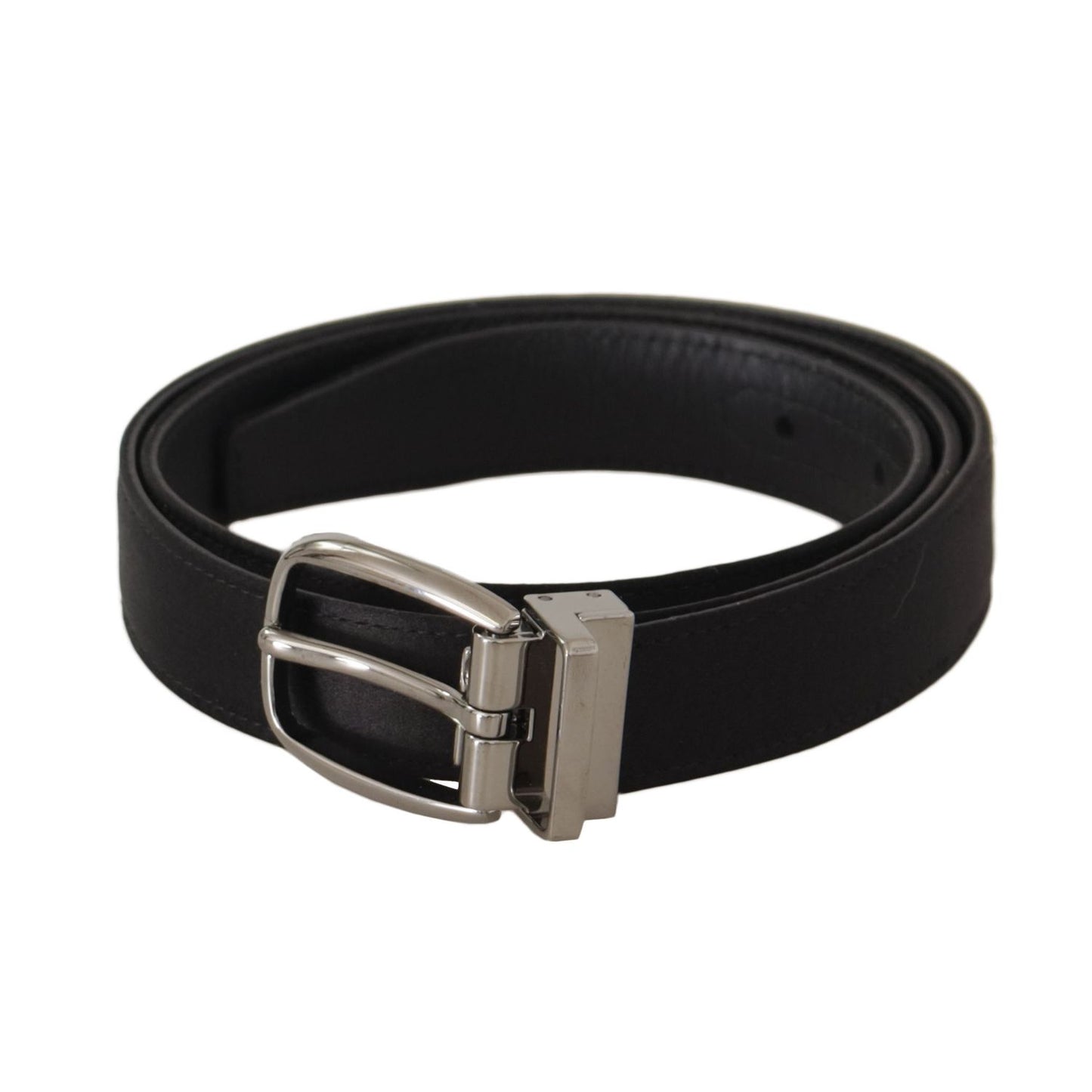 Dolce & Gabbana Black Calf Leather Silver Logo Metal Buckle Belt