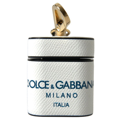 Dolce & Gabbana White Blue Calf Leather Logo Print Strap Airpods Case
