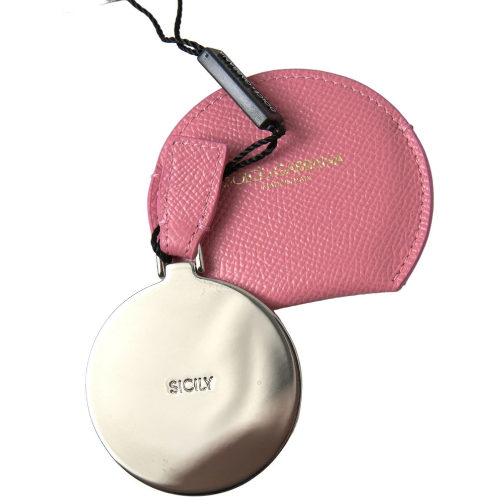 Dolce & Gabbana Pink Calfskin Leather Round Logo Print Hand Mirror Holder SMY101204