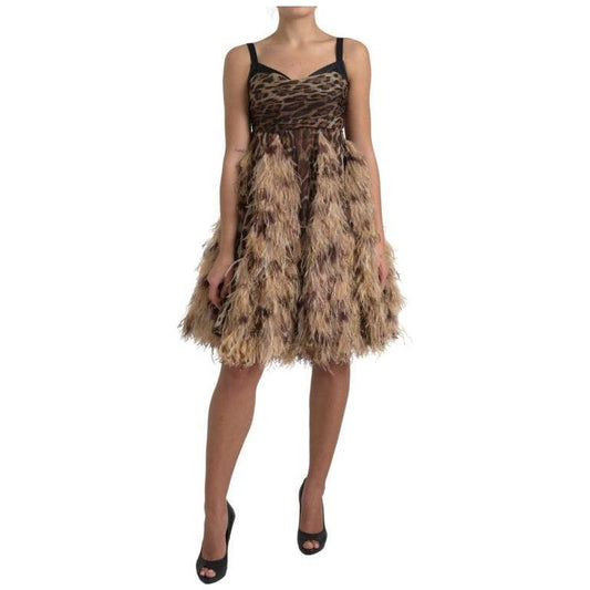 Dolce & Gabbana Sleeveless Leopard Chiffon Ostrich-Feather Dress Dolce & Gabbana Dim Gray