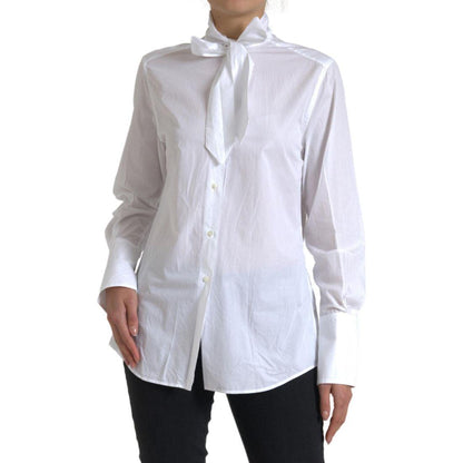 Dolce & Gabbana White Cotton Ascot Collar Long Sleeves Top